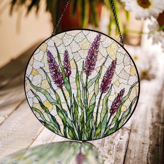 Lavender flowers field stained glass suncatcher handmade window art gift for gardener mom