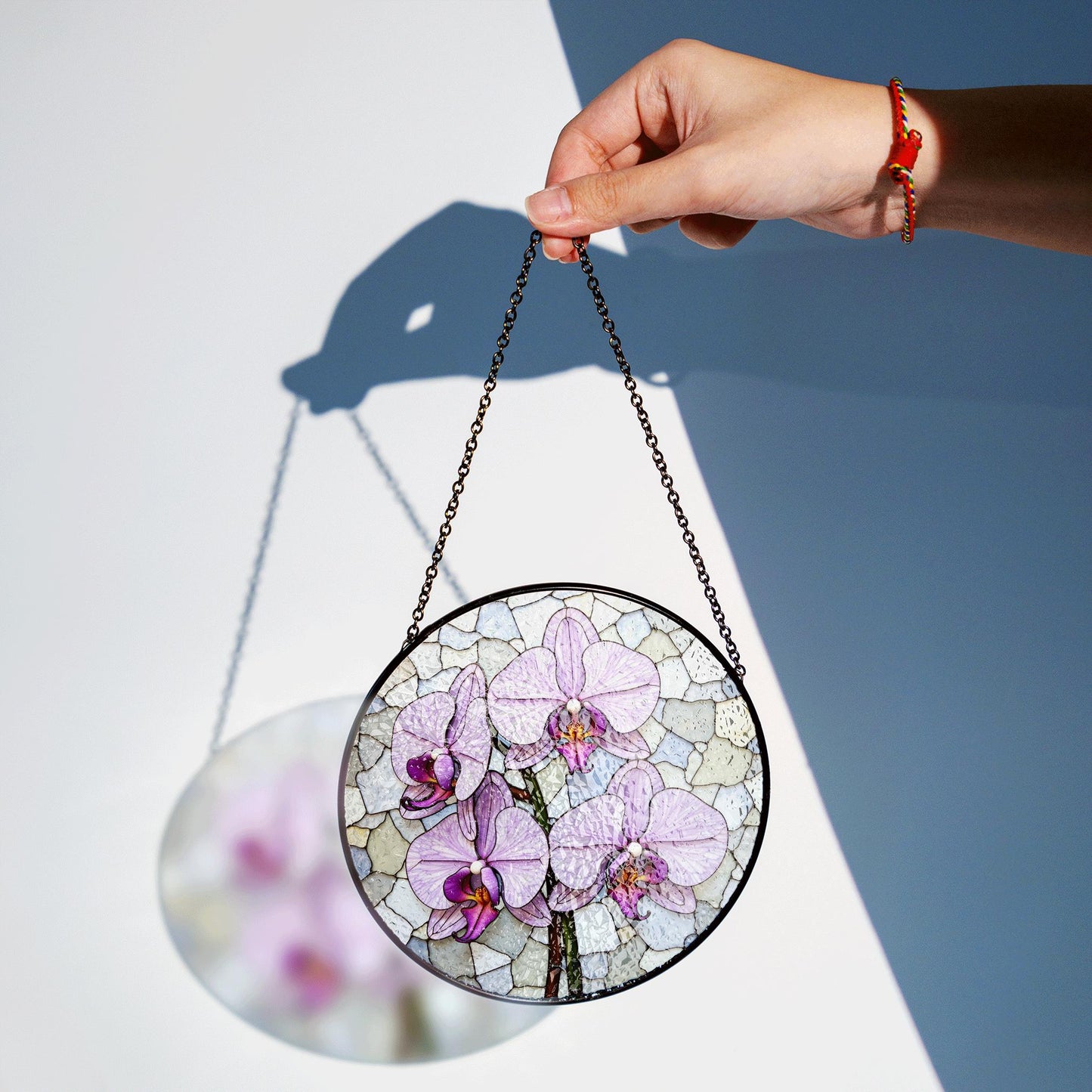 purple orchid flowers stained glass round suncatcher for window hanging gift for mom