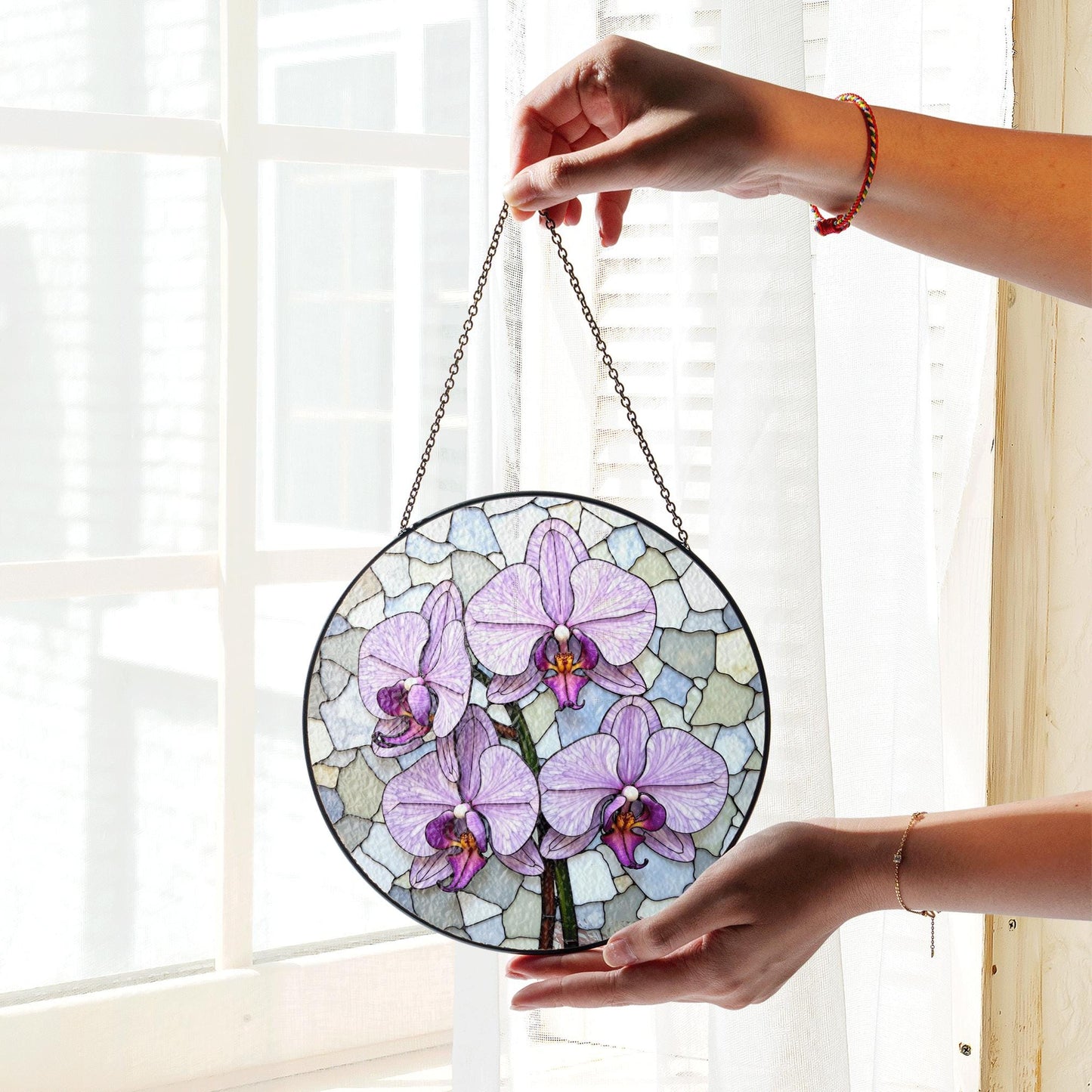 purple orchid flowers stained glass round suncatcher for window hanging gift for mom