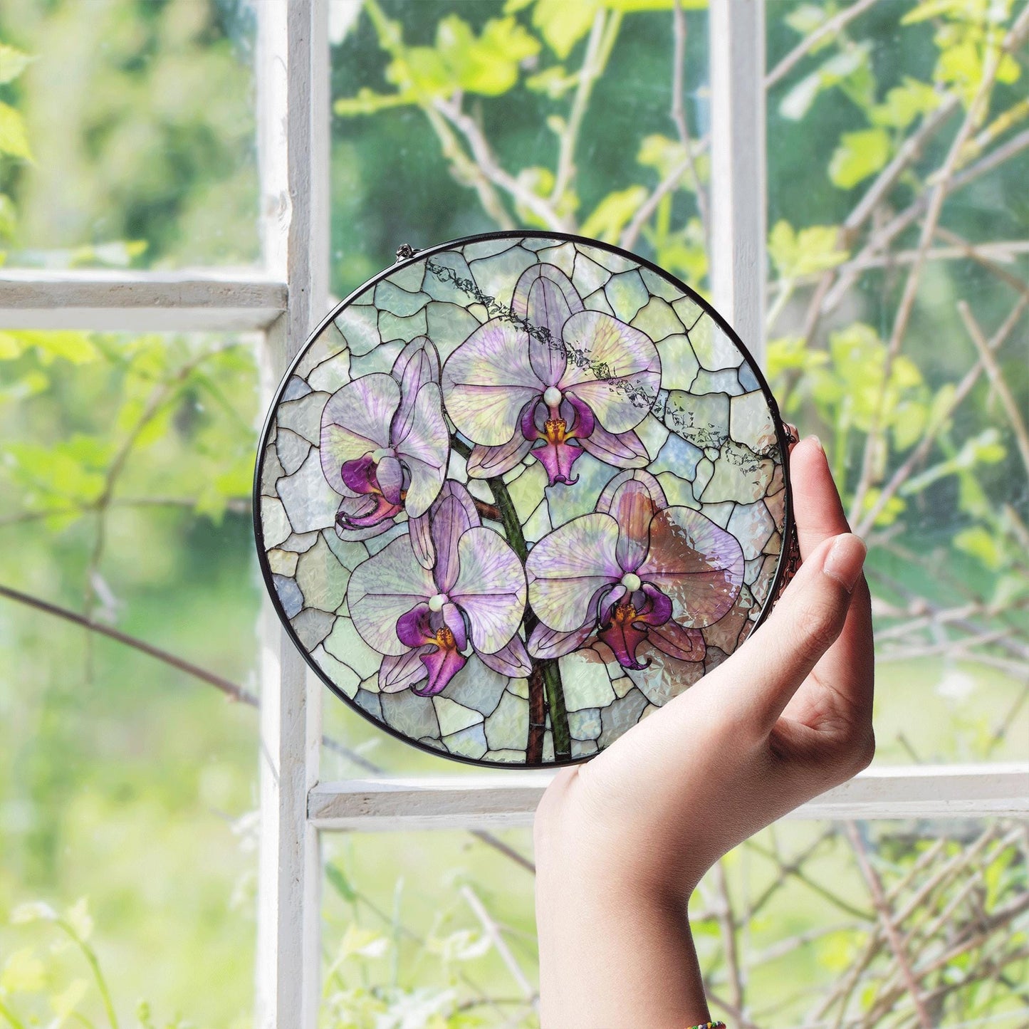 purple orchid flowers stained glass round suncatcher for window hanging gift for mom