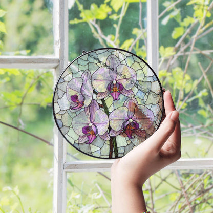 purple orchid flowers stained glass round suncatcher for window hanging gift for mom