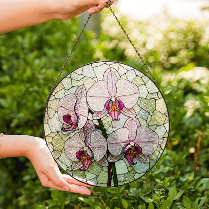 purple orchid flowers stained glass round suncatcher for window hanging gift for mom