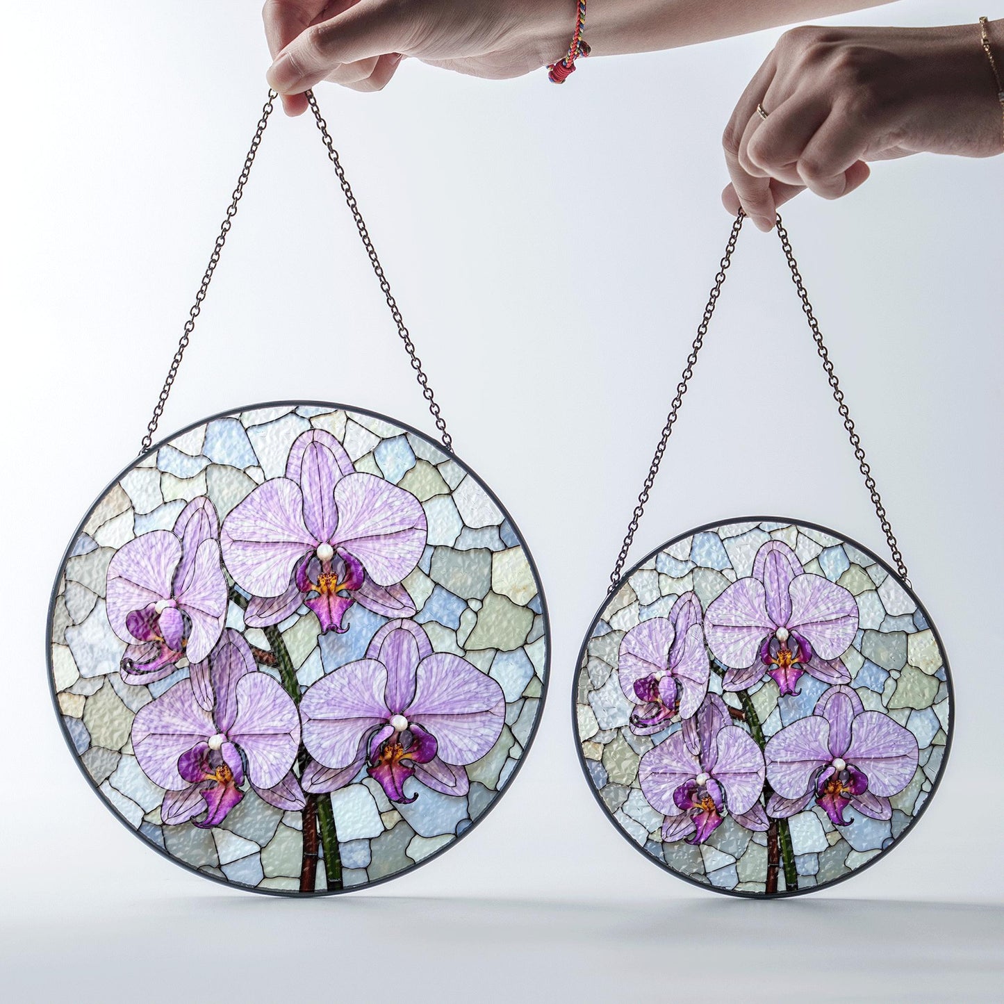 purple orchid flowers stained glass round suncatcher for window hanging gift for mom