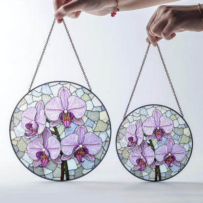 purple orchid flowers stained glass round suncatcher for window hanging gift for mom