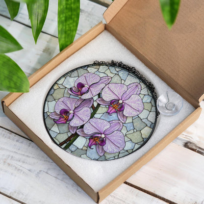 purple orchid flowers stained glass round suncatcher for window hanging gift for mom