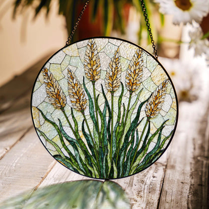 golden wheat field stained glass panel rustic suncatcher window art gift for nature lovers