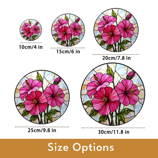 Pink hibiscus floral glass panel round stained suncatcher window decor gift for flower lover