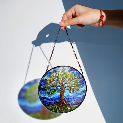 Tree of Life stained glass round suncatcher window hanging gift for nature lovers and spiritual souls