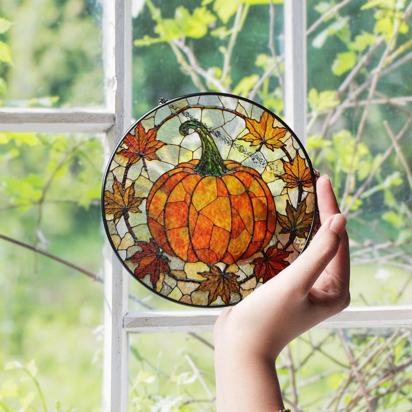 Autumn pumpkin leaves stained glass suncatcher fall window decor gift for mom or friend