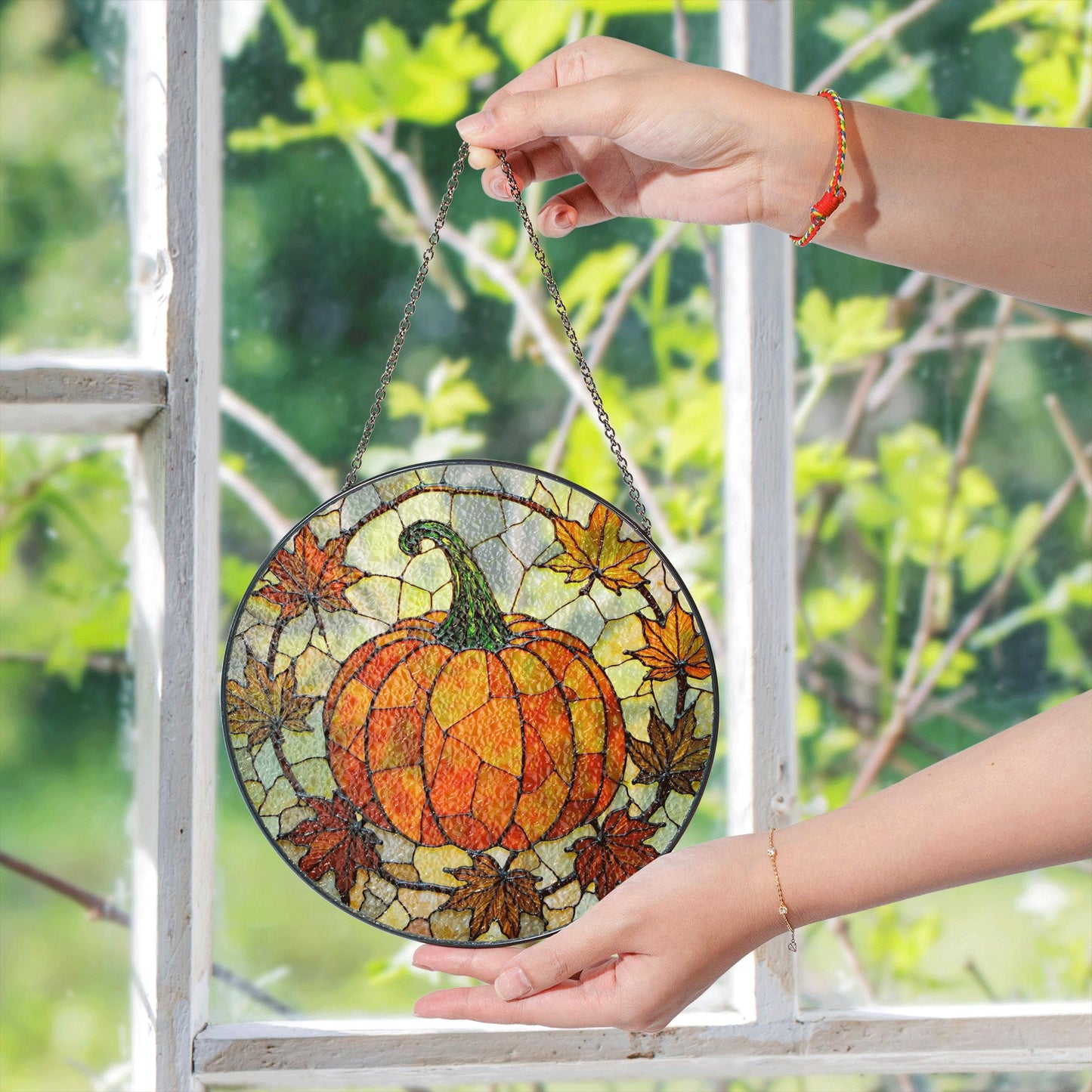 Autumn pumpkin leaves stained glass suncatcher fall window decor gift for mom or friend