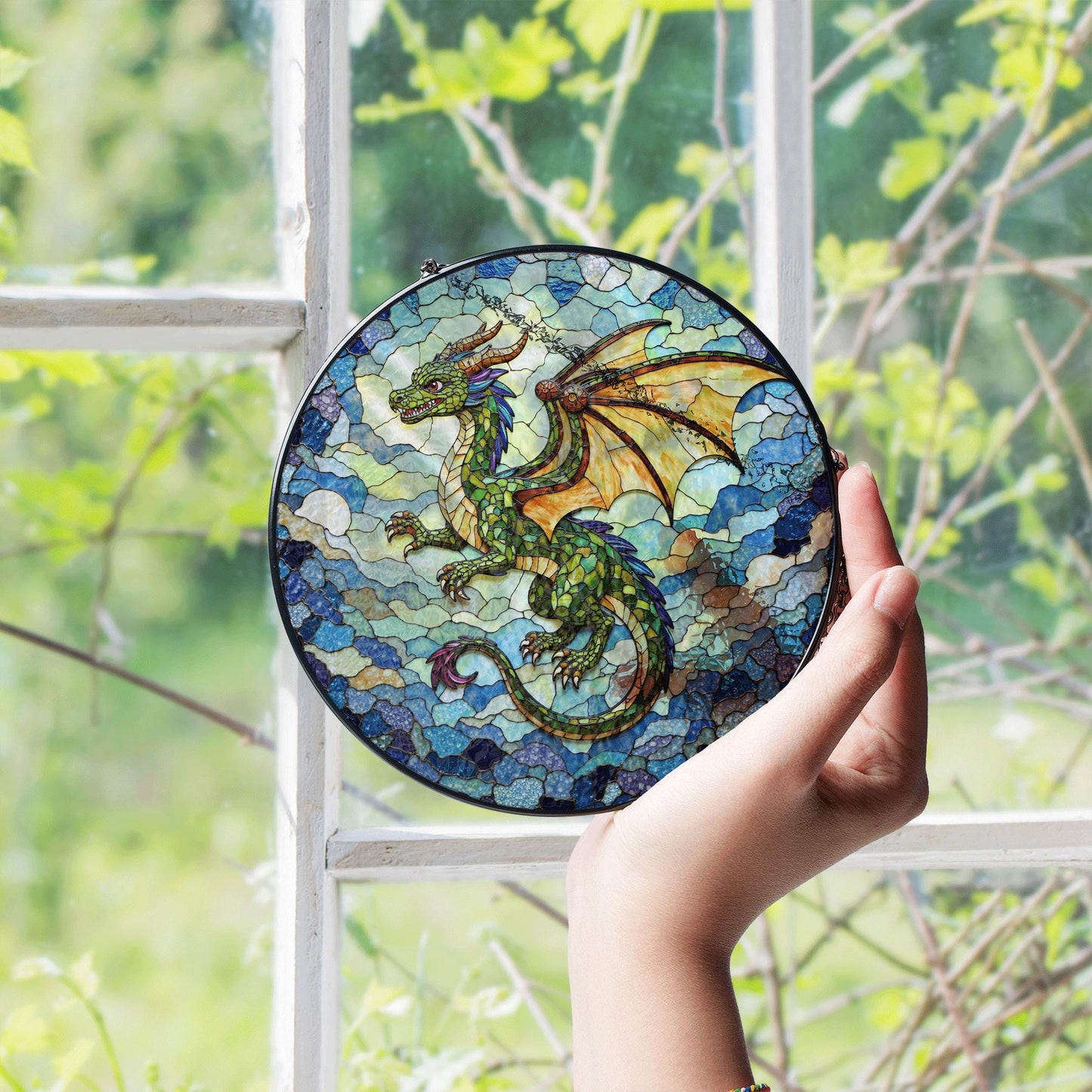 Emerald dragon in flight stained glass suncatcher fantasy window art gift for dragon fan