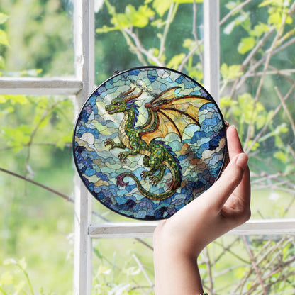 Emerald dragon in flight stained glass suncatcher fantasy window art gift for dragon fan