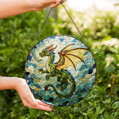 Emerald dragon in flight stained glass suncatcher fantasy window art gift for dragon fan