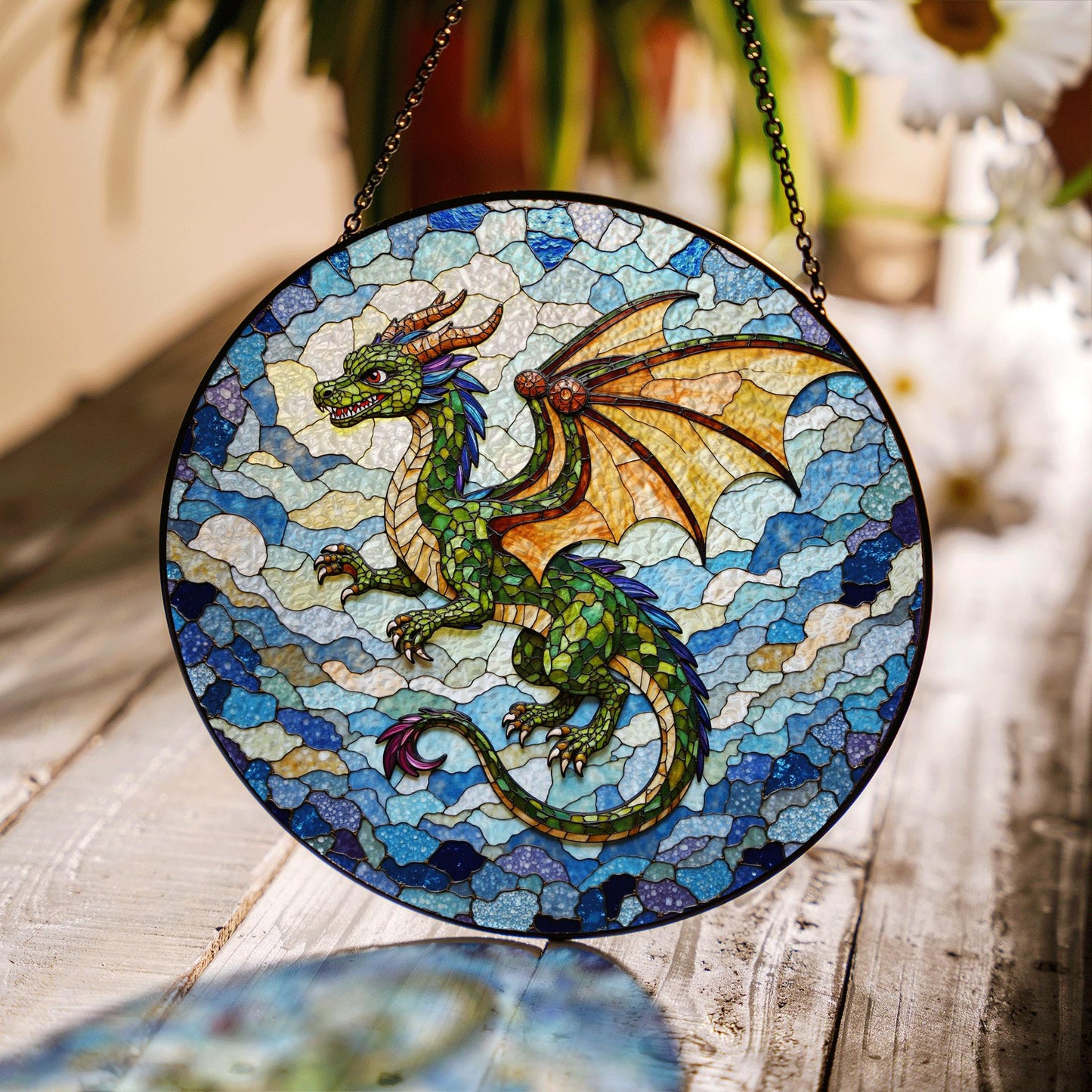 Emerald dragon in flight stained glass suncatcher fantasy window art gift for dragon fan