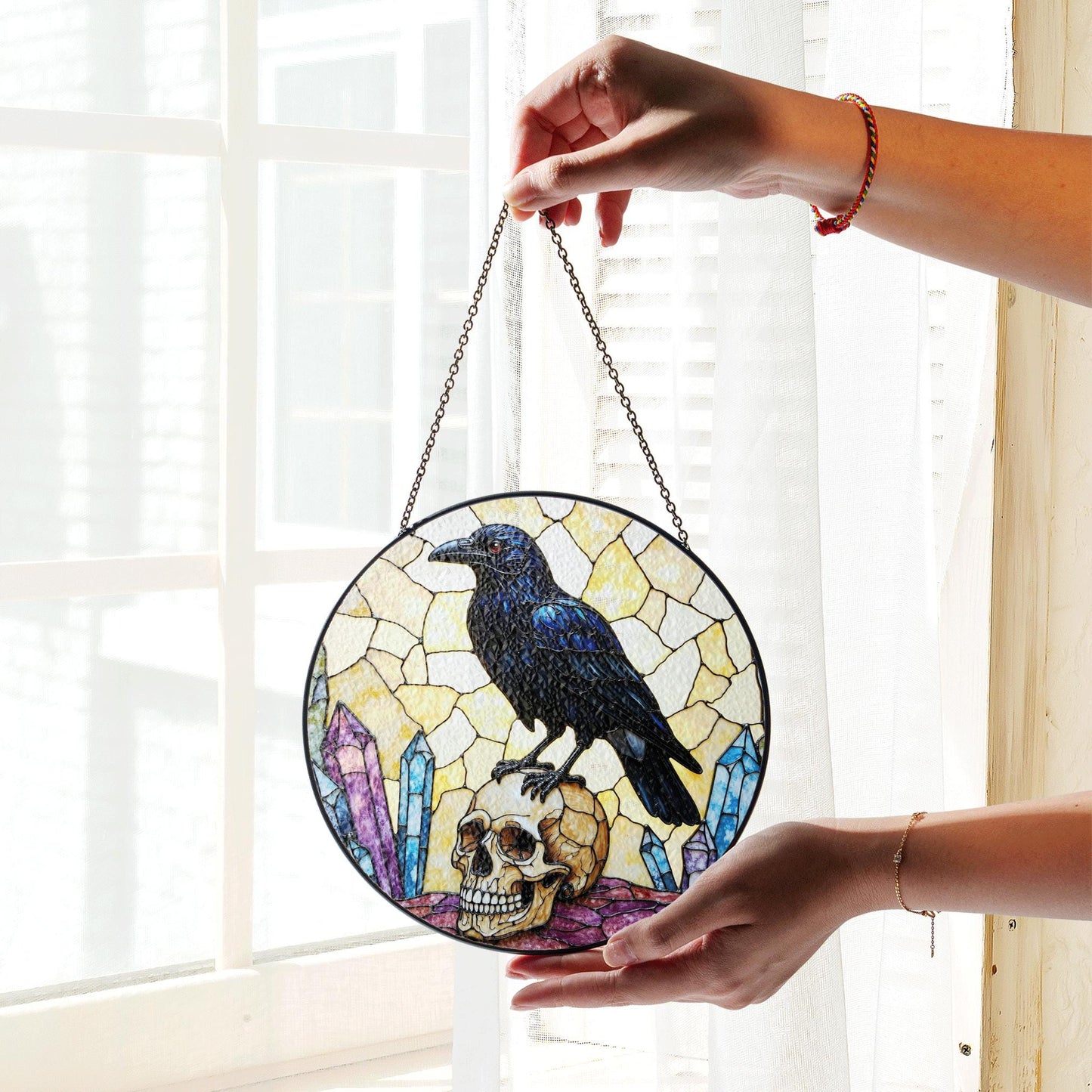 Raven on Skull Crystal Window Round Gothic Suncatcher Spiritual Decor Gift for Him