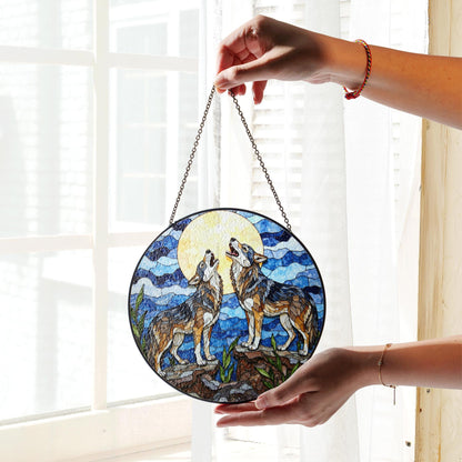 Howling wolves under full moon stained glass suncatcher nature window art gift for wildlife lovers