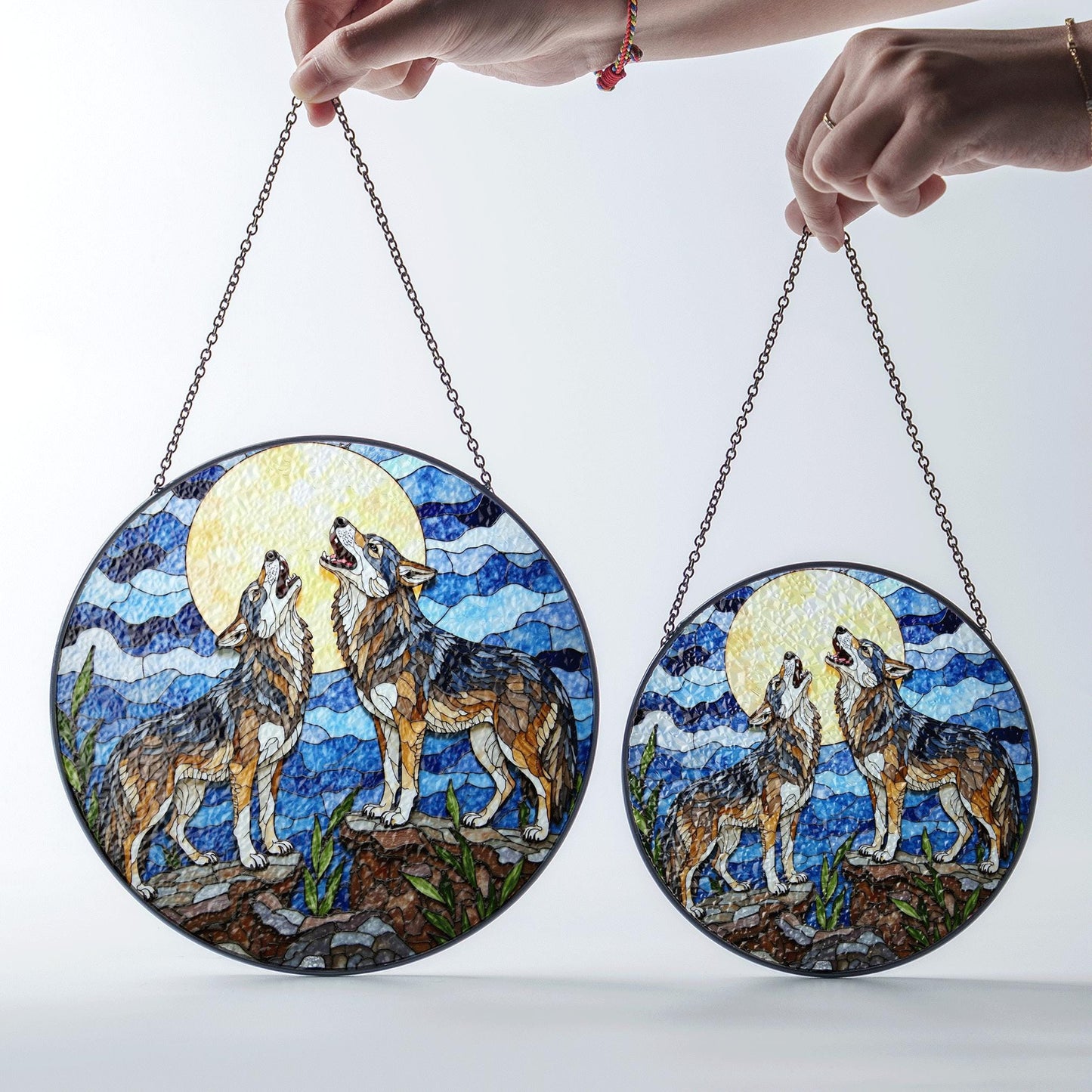 Howling wolves under full moon stained glass suncatcher nature window art gift for wildlife lovers