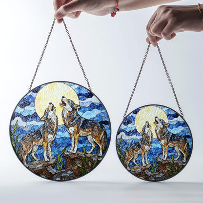 Howling wolves under full moon stained glass suncatcher nature window art gift for wildlife lovers