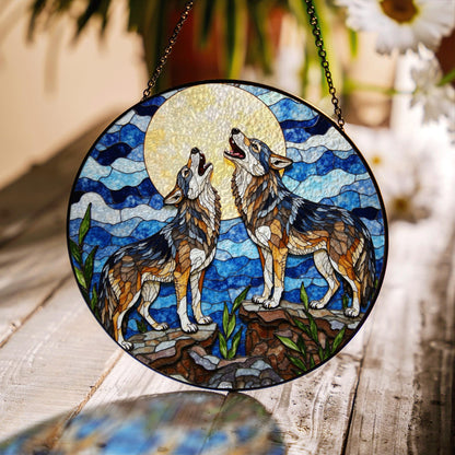 Howling wolves under full moon stained glass suncatcher nature window art gift for wildlife lovers