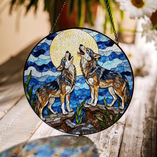Howling wolves under full moon stained glass suncatcher nature window art gift for wildlife lovers