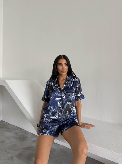 Navy Floral 3 Piece Satin Pajama Set for Women – Summer Sleepwear with Shorts, Shirt and Matching Scrunchie – Soft Loungewear Set