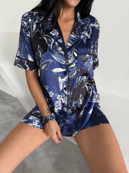 Navy Floral 3 Piece Satin Pajama Set for Women – Summer Sleepwear with Shorts, Shirt and Matching Scrunchie – Soft Loungewear Set