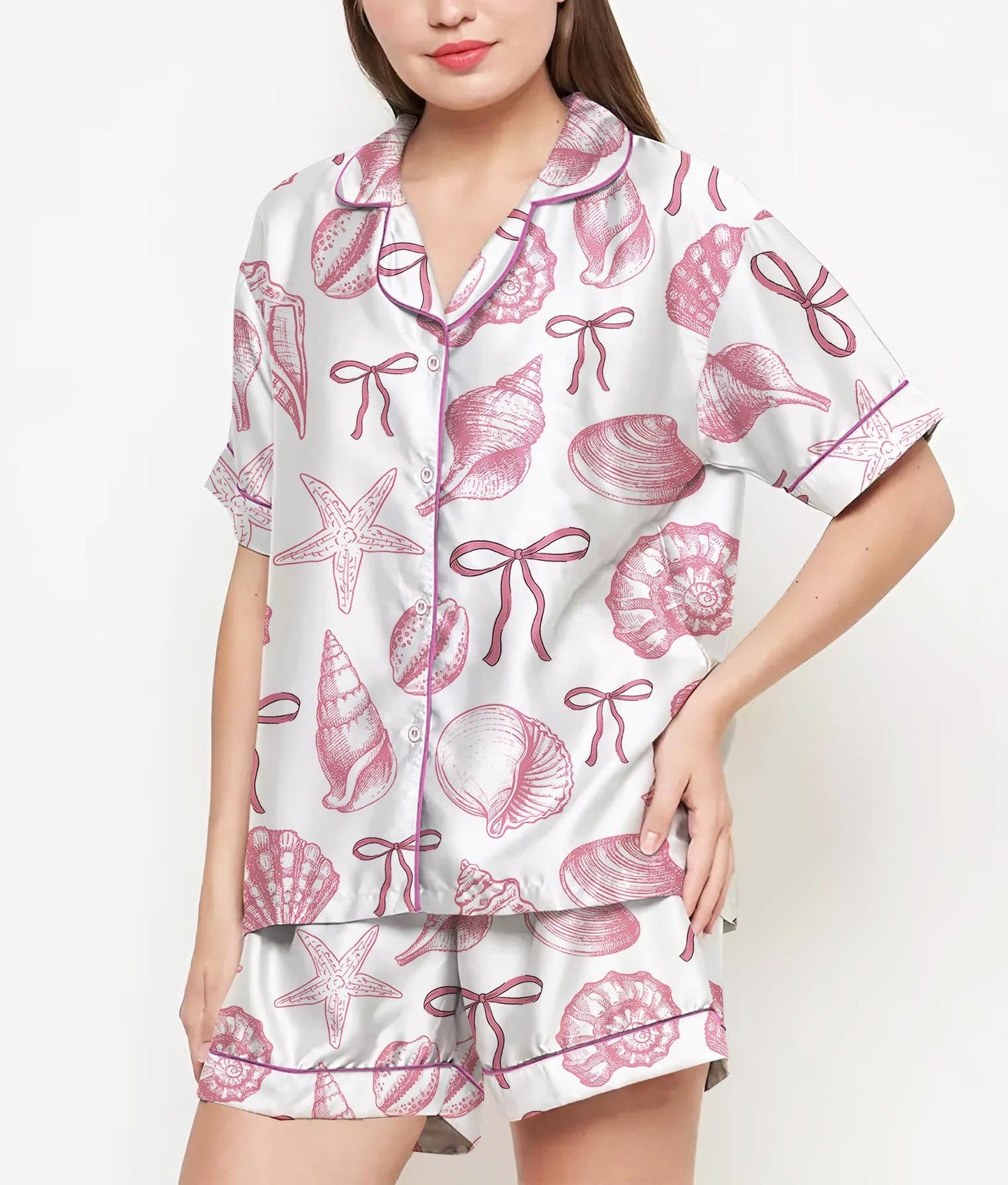 Coquette Seashell Pajamas Satin Set, Starfish and Coral Shirt, Mother's Day Gift, Birthday Gift, Pjs For Women, Bridesmaid Gifts