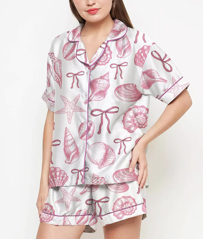 Coquette Seashell Pajamas Satin Set, Starfish and Coral Shirt, Mother's Day Gift, Birthday Gift, Pjs For Women, Bridesmaid Gifts