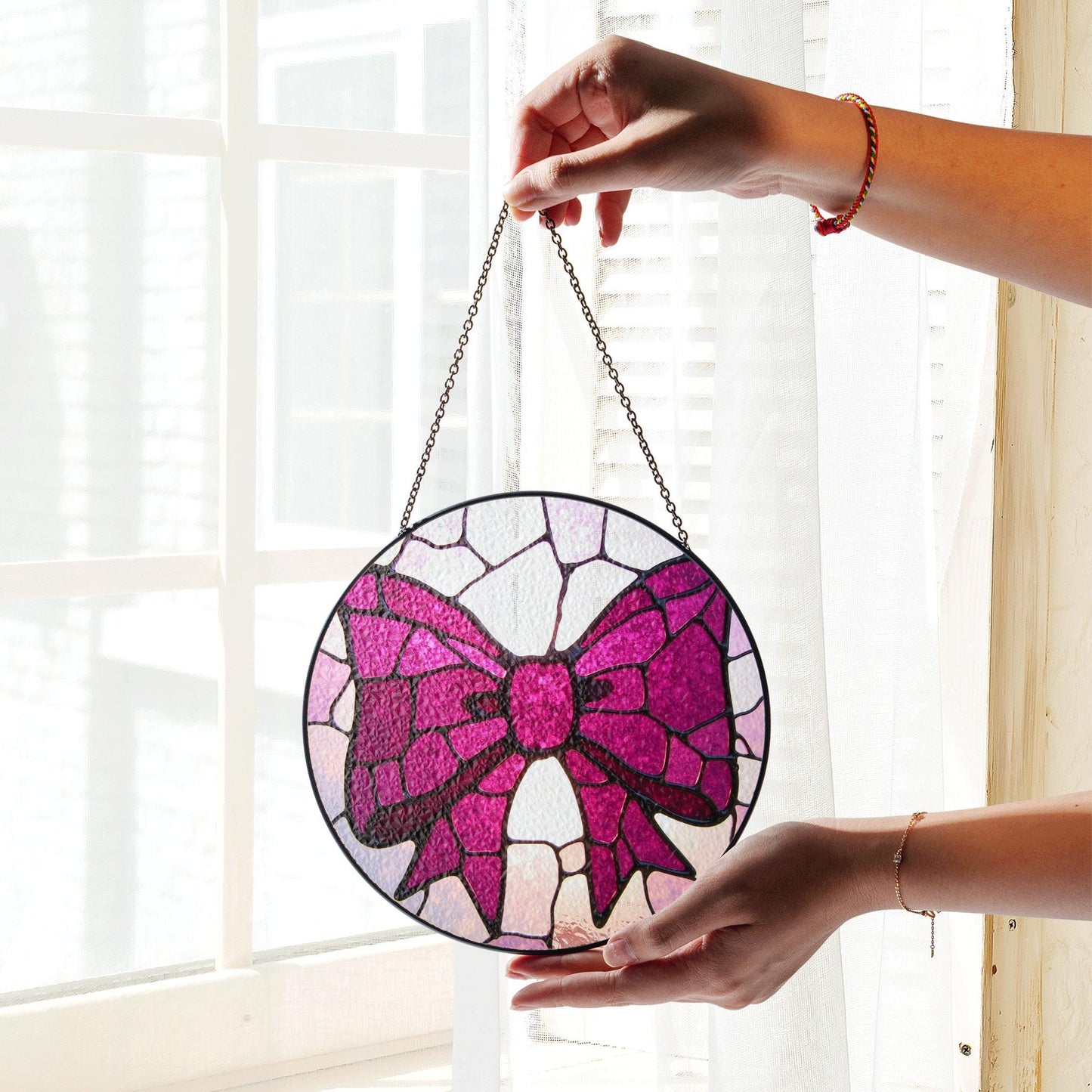 Pink Bow Stained Glass Window Hanging Round Suncatcher Gift for Her