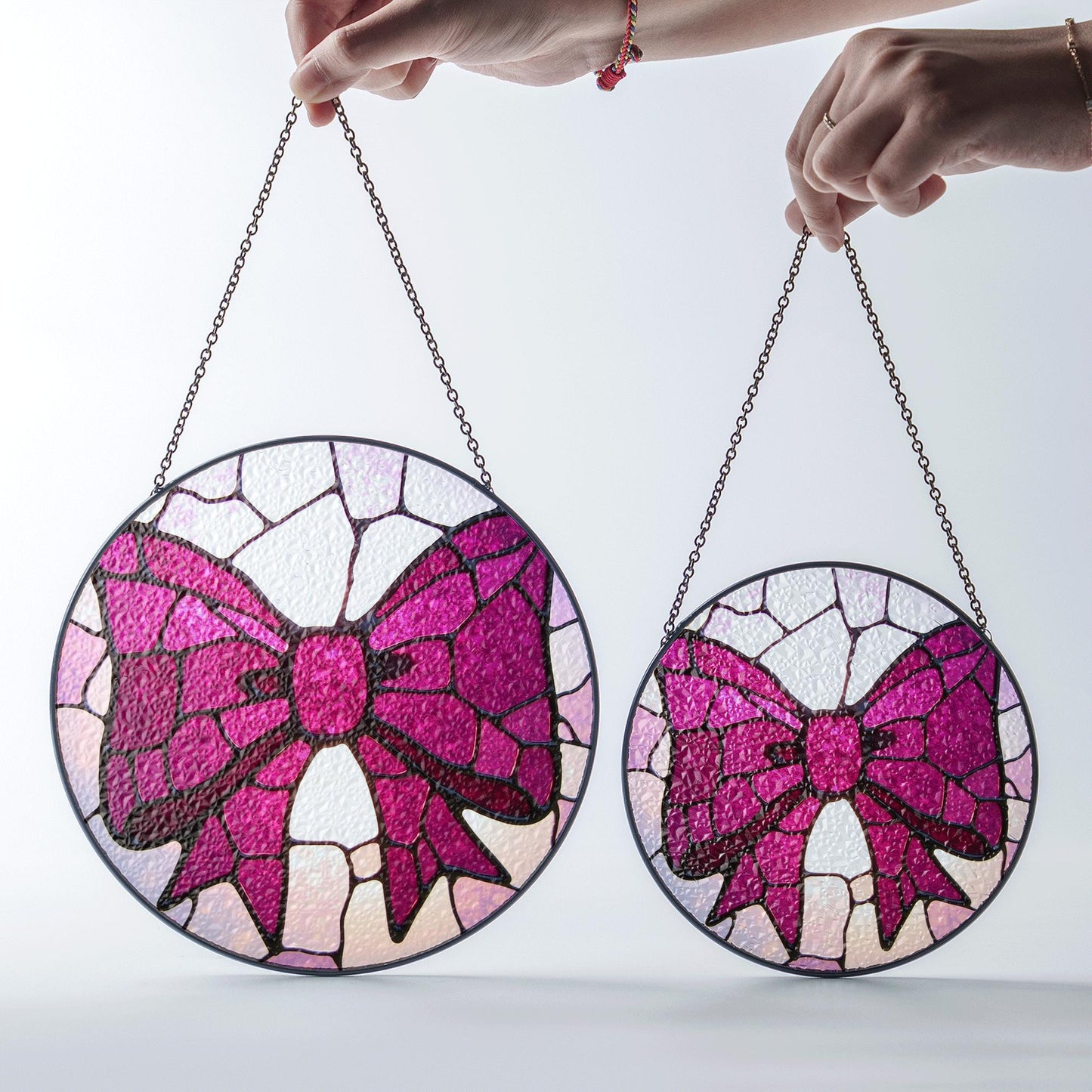 Pink Bow Stained Glass Window Hanging Round Suncatcher Gift for Her