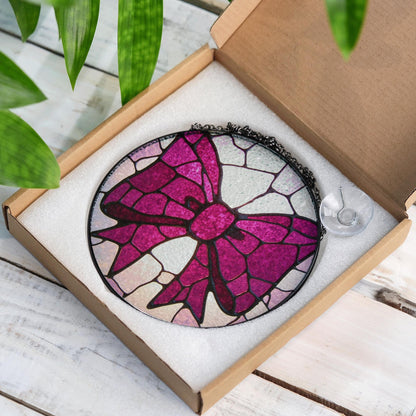 Pink Bow Stained Glass Window Hanging Round Suncatcher Gift for Her