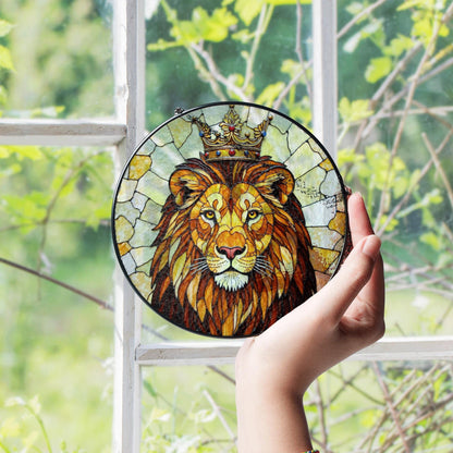 Crowned Lion King Stained Glass Window Art Regal Animal Suncatcher Gift for Him