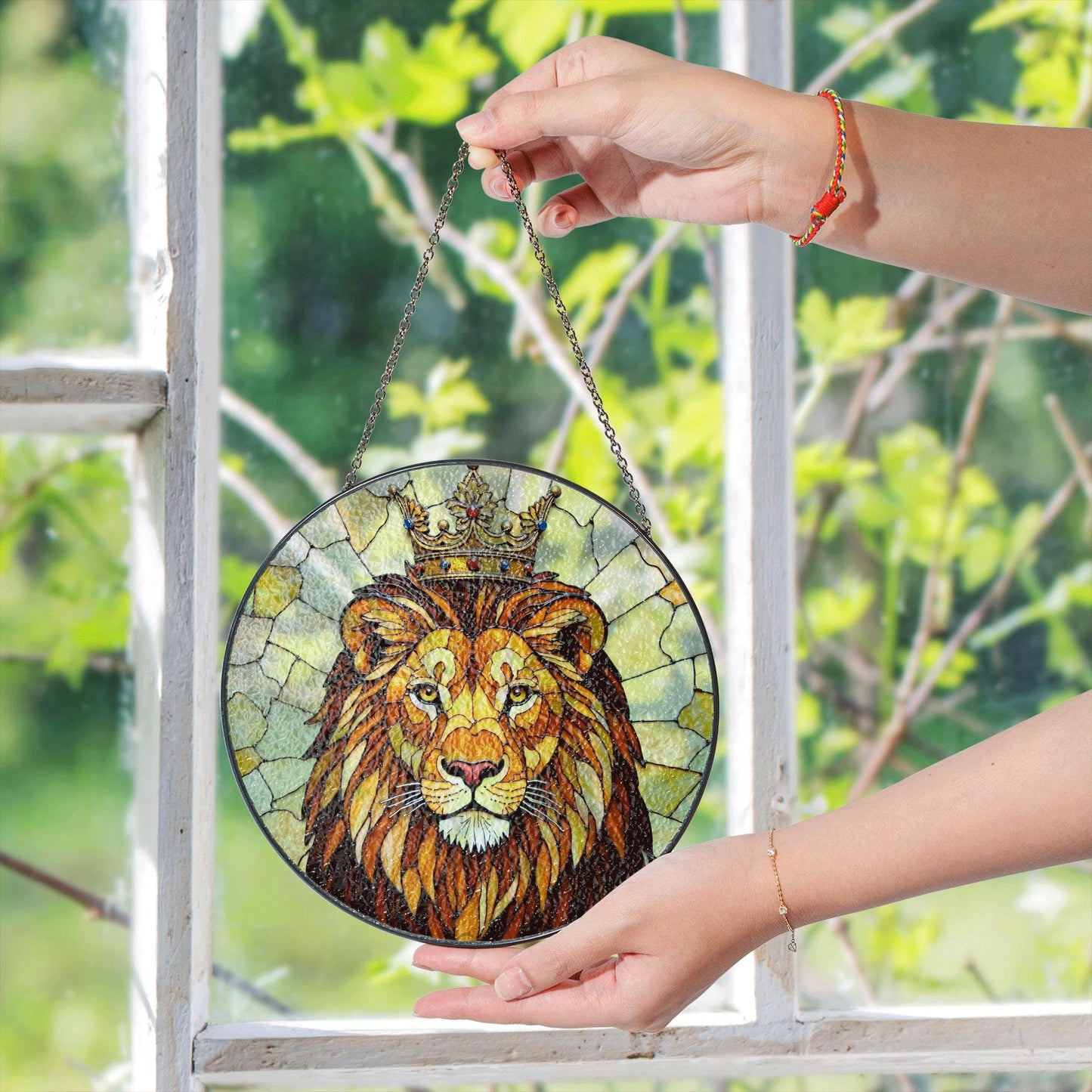 Crowned Lion King Stained Glass Window Art Regal Animal Suncatcher Gift for Him