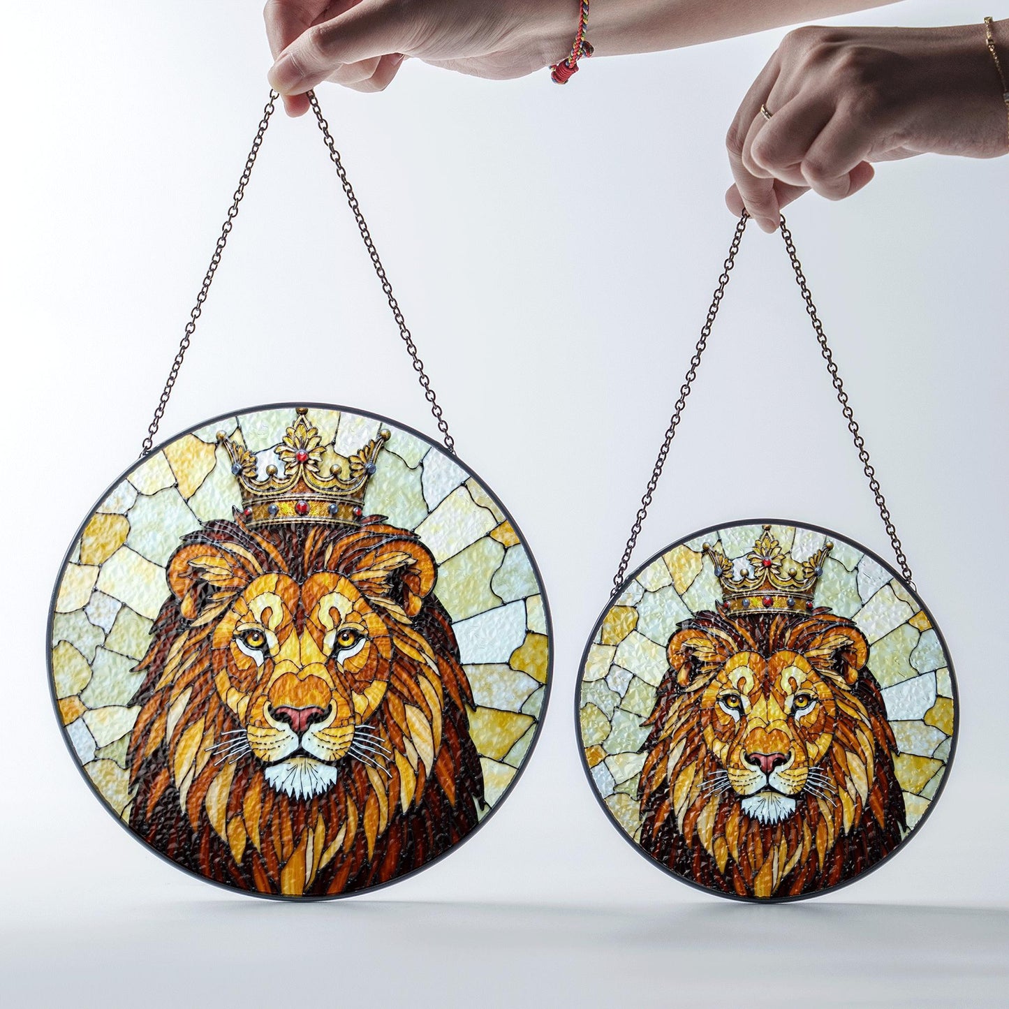 Crowned Lion King Stained Glass Window Art Regal Animal Suncatcher Gift for Him