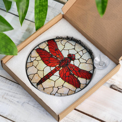 Red Dragonfly Stained Glass Window Hanging Suncatcher Nature Decor Gift for Mom or Nature Lover