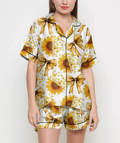 Coquette Sunflower Pajamas Satin Set, Sunflower Shirt Yellow Butterflies, Mother's Day Gift, Birthday Gift, Bridesmaid Gifts