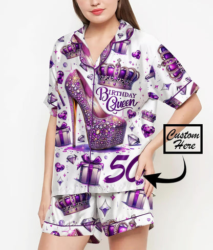 Birthday Queen Purple Pajamas Satin Set, Birthday Party, Mother Day Gift, Birthday Gift, Bridesmaid Gift, Coquette Pjs, Crown Birthday Girl