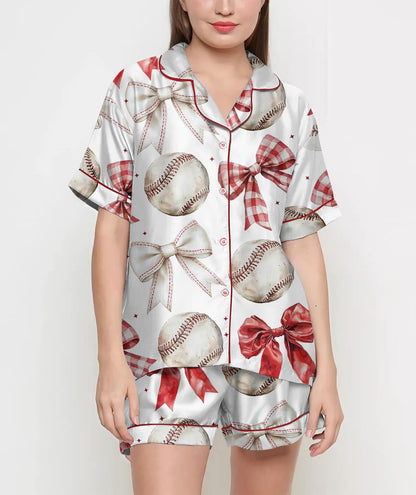 Baseball Coquette Pajamas Satin Set, Game Day Baseball Shirt,Mother's Day Gift, Birthday Gift, Gift For Her, Bridesmaid Gifts, Women Gift