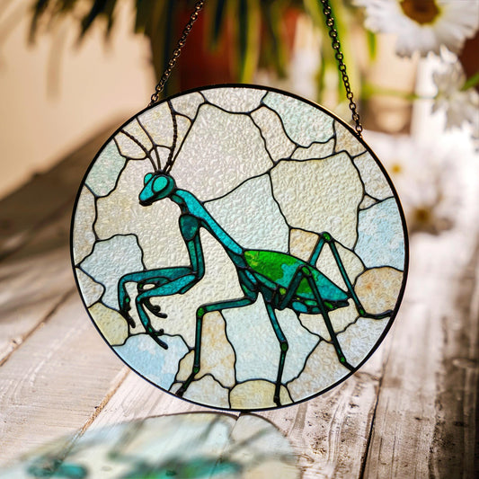 Green praying mantis glass art round suncatcher stained insect decor gift for nature lover dad
