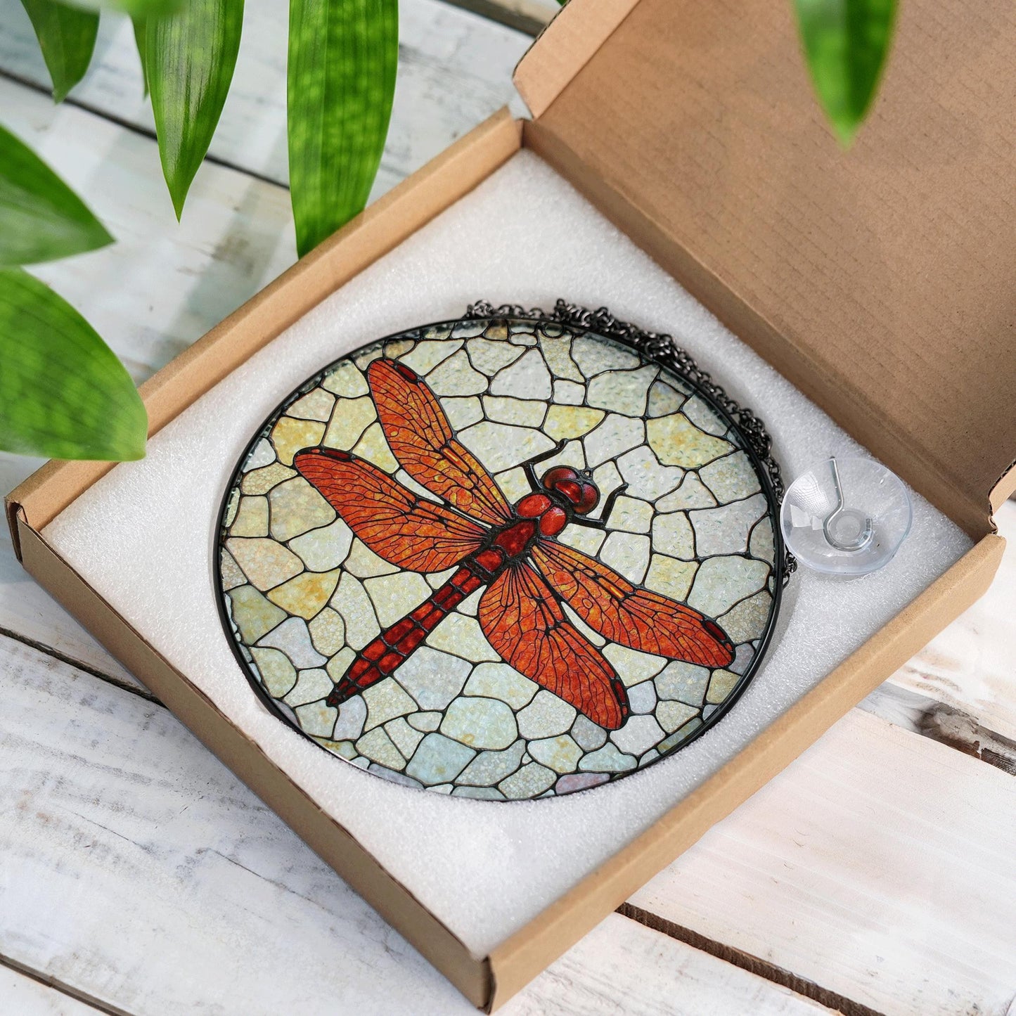 Red dragonfly stained glass window suncatcher nature decor for mom dad or garden lovers