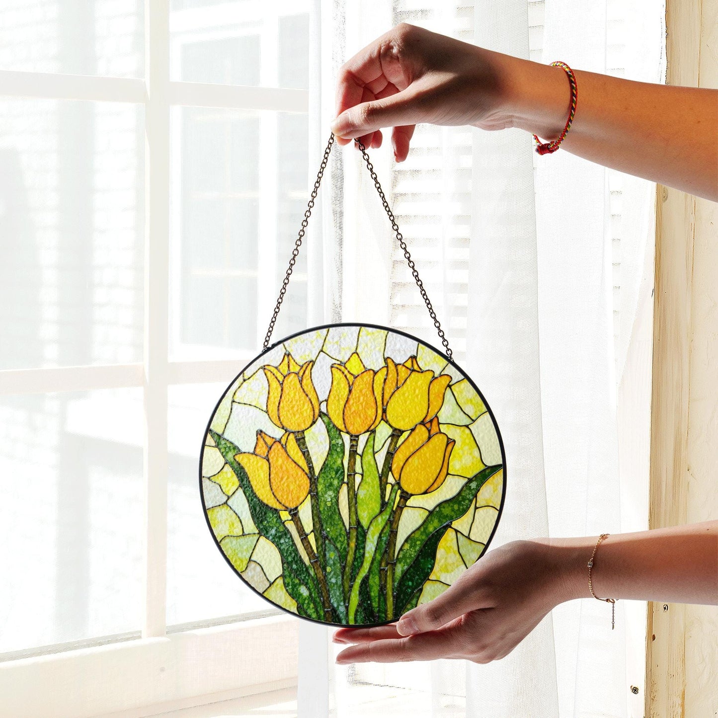 Yellow Tulip Bloom Stained Glass Window Decor Garden Sun Catcher Gift for Mom