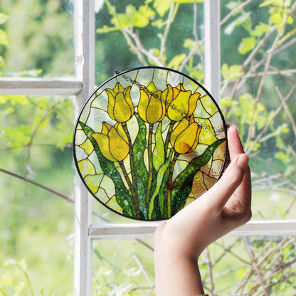 Yellow Tulip Bloom Stained Glass Window Decor Garden Sun Catcher Gift for Mom