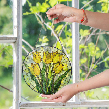 Yellow Tulip Bloom Stained Glass Window Decor Garden Sun Catcher Gift for Mom