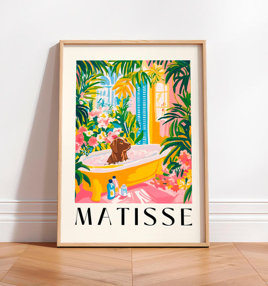 Chocolate Labrador in Bathtub Art Print: Funny Tropical Bathroom Decor