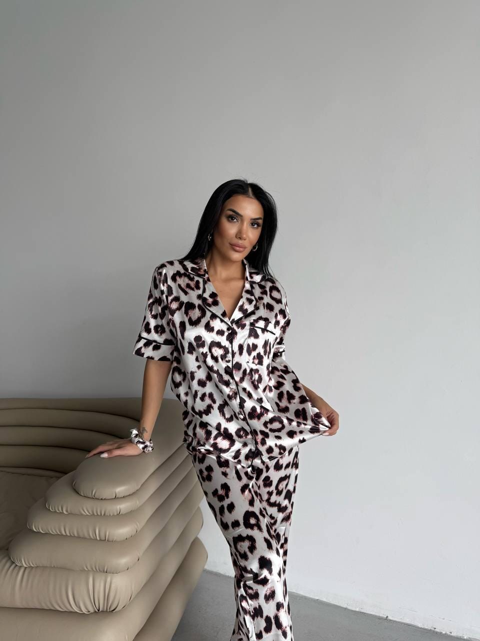 Satin Leopard Print Pajama Set with Long Pants and Short Sleeve Shirt – Fierce and Chic Loungewear for Bold Comfort, Pajama Set for Women