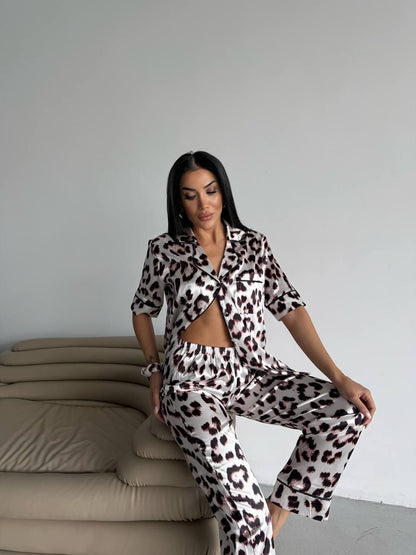 Satin Leopard Print Pajama Set with Long Pants and Short Sleeve Shirt – Fierce and Chic Loungewear for Bold Comfort, Pajama Set for Women