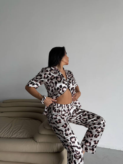Satin Leopard Print Pajama Set with Long Pants and Short Sleeve Shirt – Fierce and Chic Loungewear for Bold Comfort, Pajama Set for Women