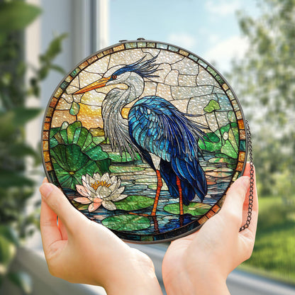 Blue Heron Stained Glass Suncatcher, Birds Lover Gift, Peaceful Art Window Hanging Decor, Bird Glass Suncatcher, Blue Heron Lovers Presents