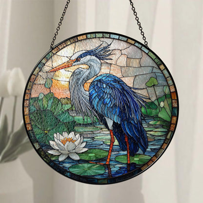 Blue Heron Stained Glass Suncatcher, Birds Lover Gift, Peaceful Art Window Hanging Decor, Bird Glass Suncatcher, Blue Heron Lovers Presents
