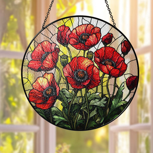 Poppy Flowers Suncatcher, Stained Glass Plant Home Decor, Unique Botanical Art Window Hanging, Artistic Poppy, Memory Day, Nana's Blessings